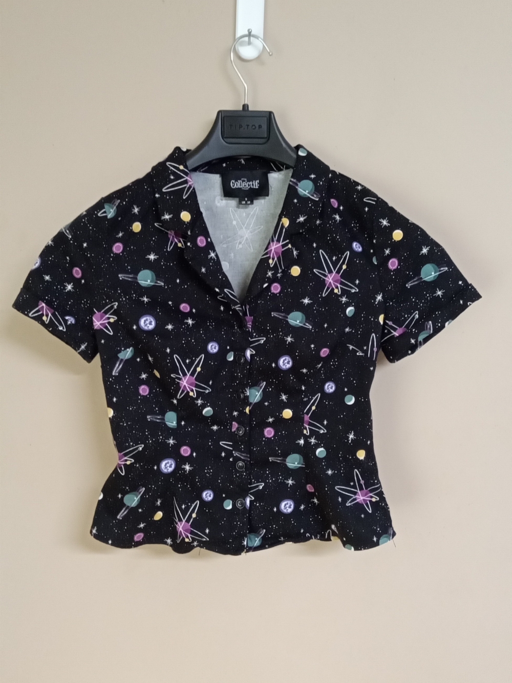 Collectif Black Cosmic Print Short-Sleeve Button Front Top